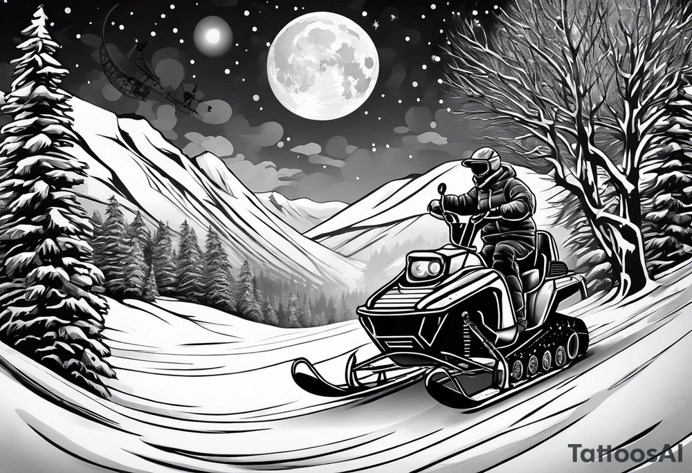 Snowmachine and snowshoes and a moon above tattoo idea