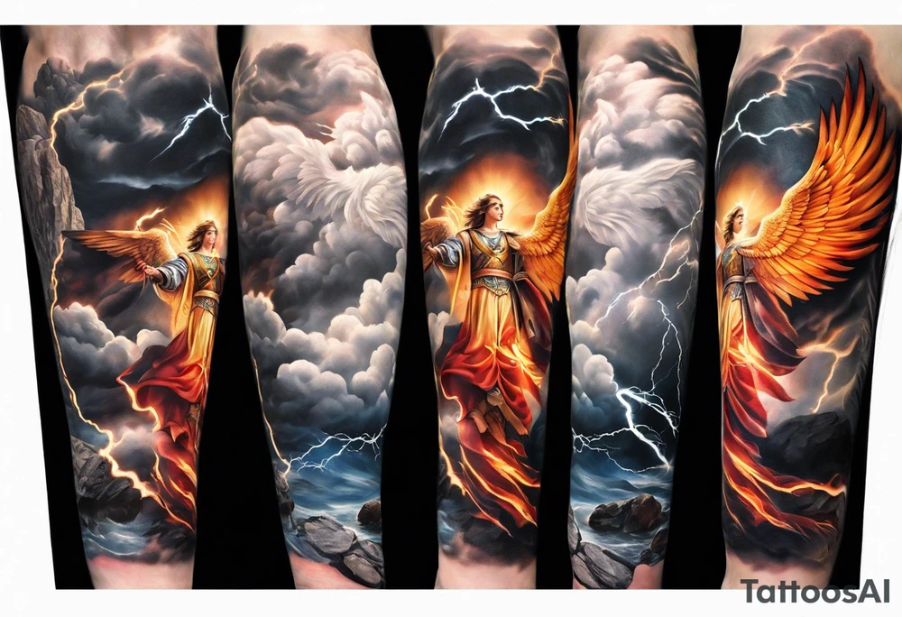 forearm sleeve of michael the archangel with clouds and lightning standing on rocks tattoo idea