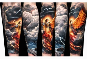 forearm sleeve of michael the archangel with clouds and lightning standing on rocks tattoo idea