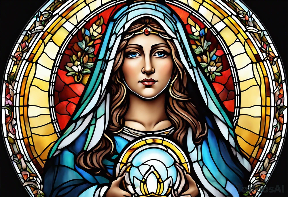 holy saint woman with halo stained glass holding a chalice tattoo idea