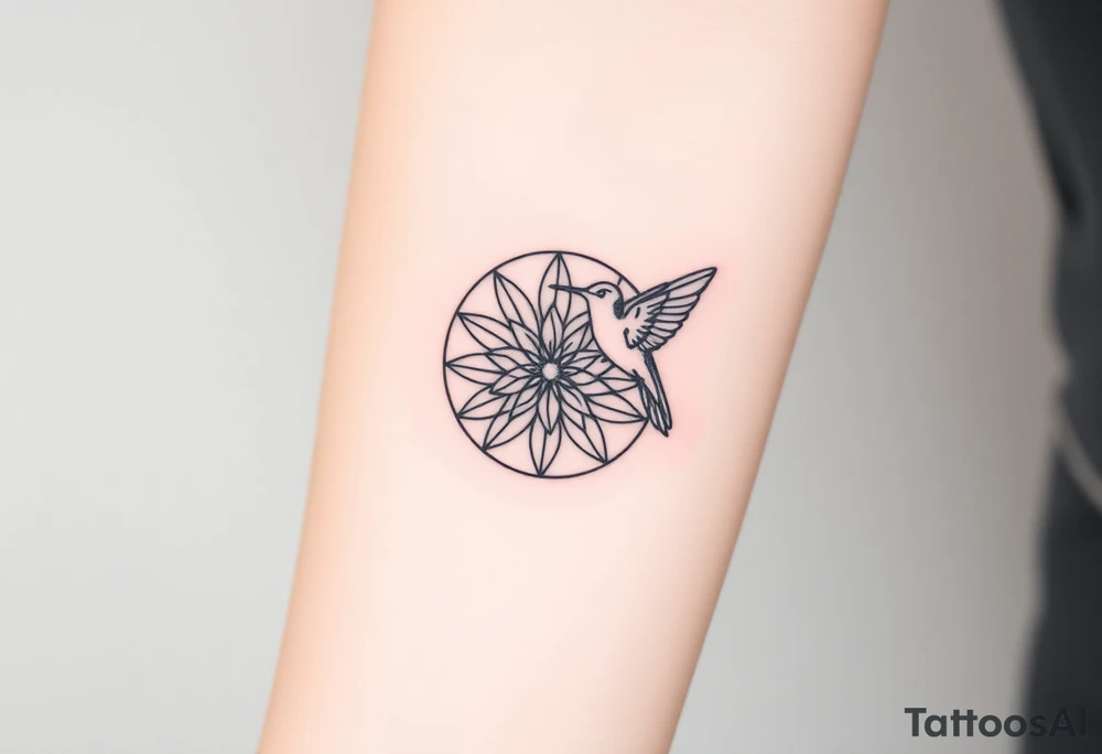 A hummingbird hovering near a Flower of Life centered in round cyrcle, representing harmony and the energy of life. tattoo idea