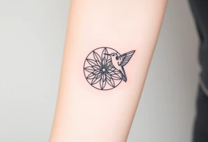 A hummingbird hovering near a Flower of Life centered in round cyrcle, representing harmony and the energy of life. tattoo idea