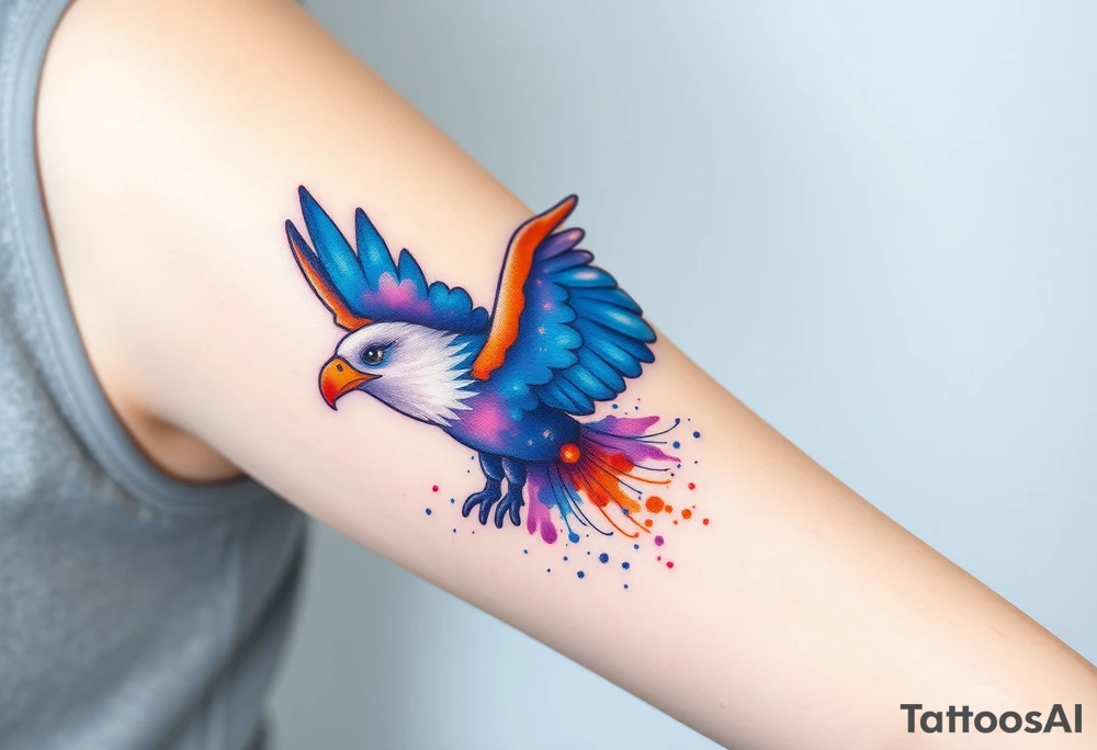 A watercolor eagle with splashes of deep blues, purples, and oranges, blending into a dreamlike sky tattoo idea