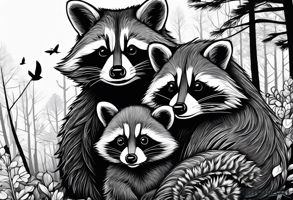 Very detailed Raccoon Husband with wife and child.
Background modern House between woods tattoo idea
