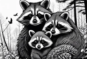 Very detailed Raccoon Husband with wife and child.
Background modern House between woods tattoo idea