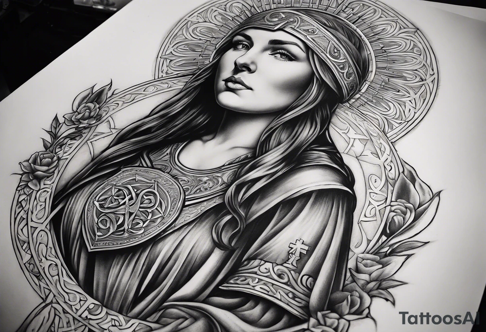 A full back piece themed on the surname mcbride and the irish saint bridget. It should take inspiration from artwork of saint bridget holding fire in her hands. It should have the text Vincit Pericula Virtus on it tattoo idea