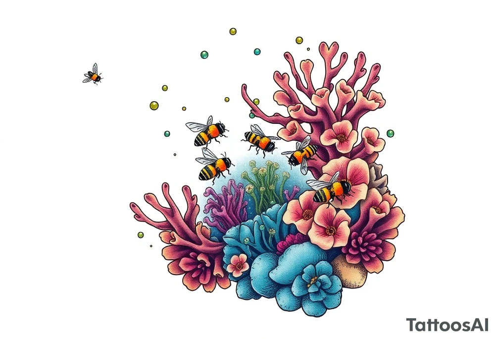 Coral reef scene with honey bees swimming tattoo idea
