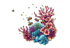 Coral reef scene with honey bees swimming tattoo idea