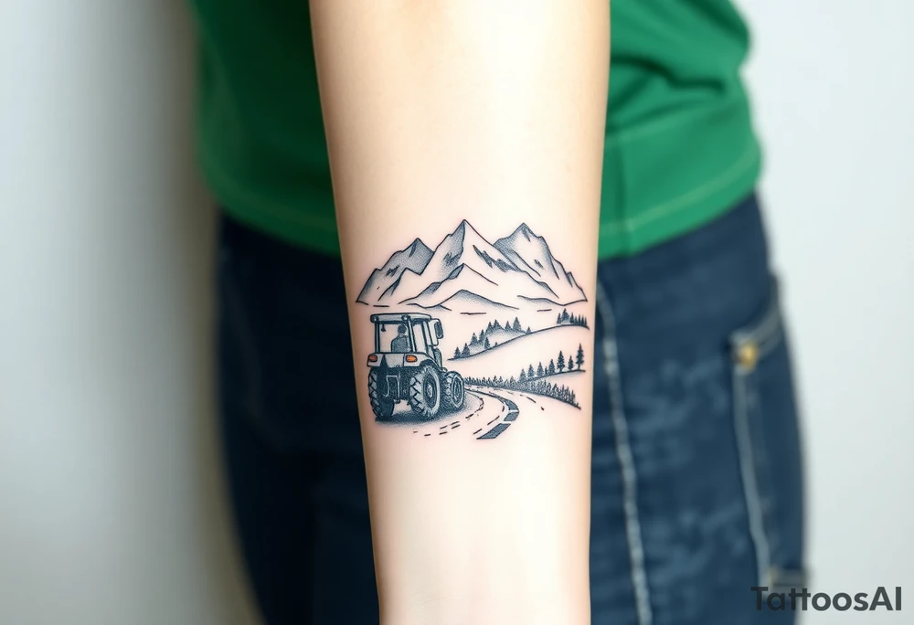 mountain, road, vantage tractor, cow, sunset tattoo idea