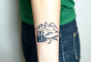 mountain, road, vantage tractor, cow, sunset tattoo idea