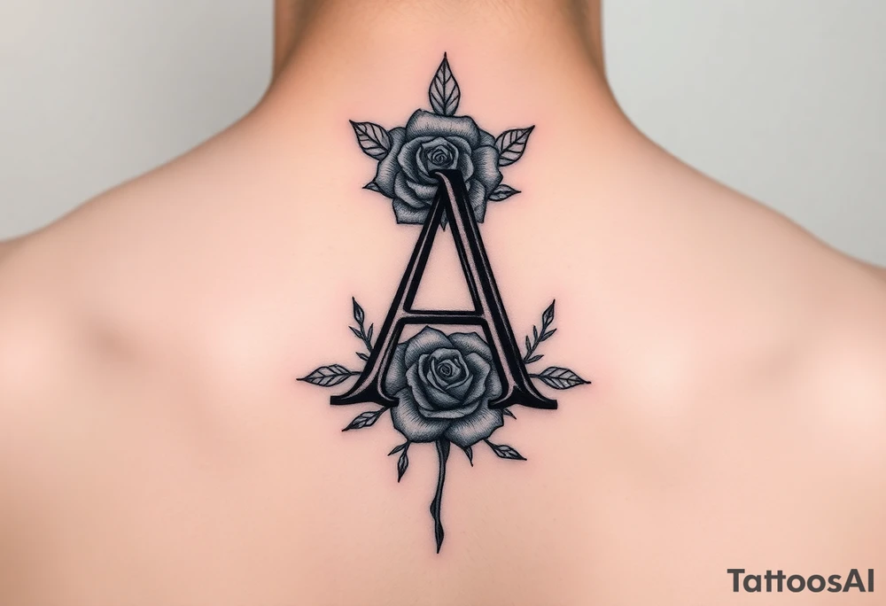 Create a throat tattoo using old english font of Letter A with subtle rose background tattoo idea