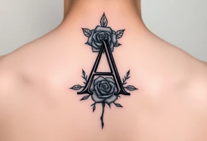 Create a throat tattoo using old english font of Letter A with subtle rose background tattoo idea