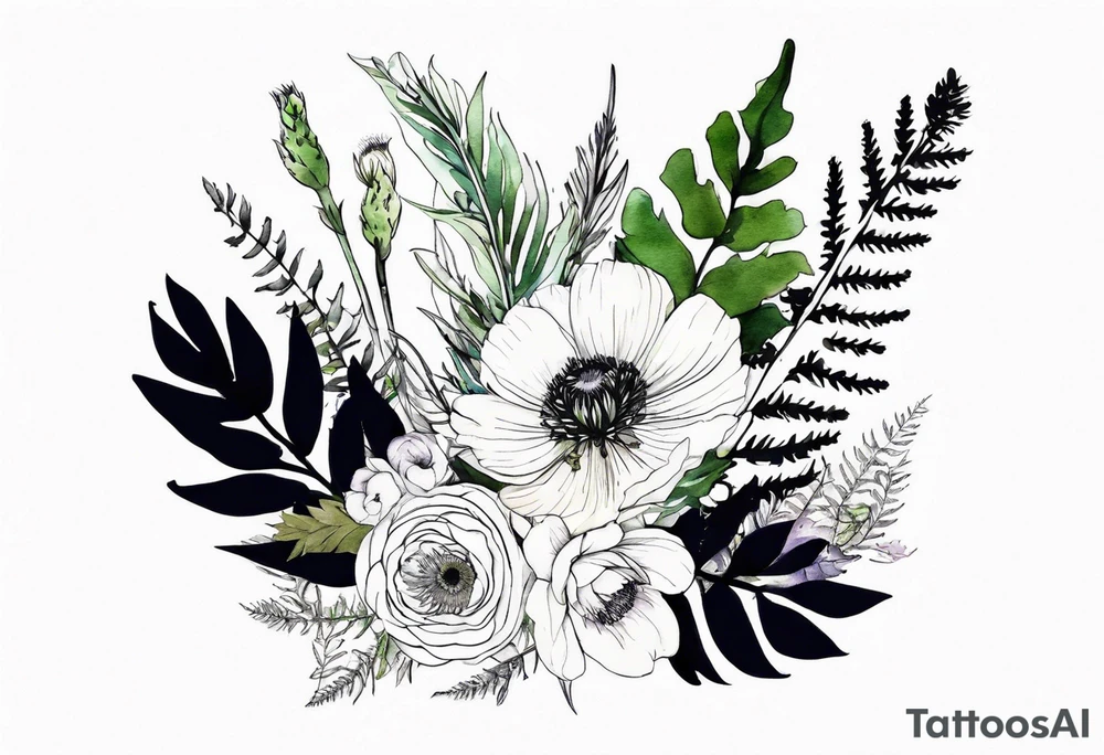 mixed wildflower bouquet with ferns, ranunculus, thistle and with watercolor tattoo idea