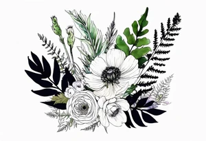 mixed wildflower bouquet with ferns, ranunculus, thistle and with watercolor tattoo idea