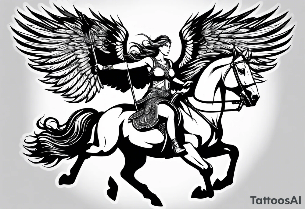Valkyrie on winged Pegasus, flight, holding spear tattoo idea Valkyrie on winged Pegasus, flight, holding spear tattoo idea