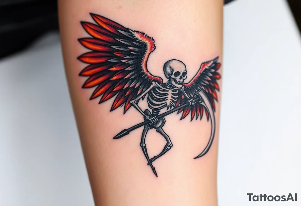 A winged skeleton clutching a scythe, its wings composed of intertwined black and blood-red feathers with highlights of dark orange at the edges. tattoo idea