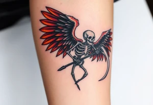 A winged skeleton clutching a scythe, its wings composed of intertwined black and blood-red feathers with highlights of dark orange at the edges. tattoo idea