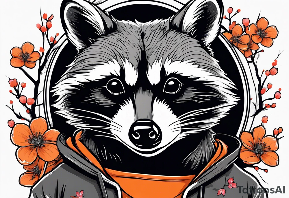 Raccoon wearing a white Superman logo on a black hoodie and orange Japanese cherry blossoms tattoo idea