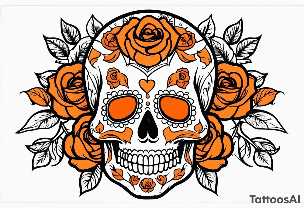Orange Sugar skull with roses that are orange and red with smoke around it tattoo idea