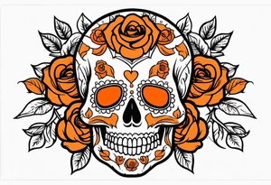 Orange Sugar skull with roses that are orange and red with smoke around it tattoo idea