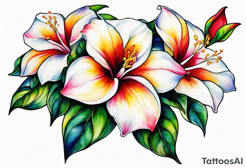 white background, abstract mandevilla flowers on a vine, part of it watercolor, part of it just line work tattoo idea