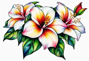 white background, abstract mandevilla flowers on a vine, part of it watercolor, part of it just line work tattoo idea