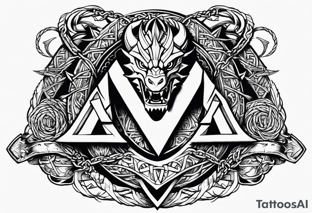Valhalla sword shield dragon axe Valknut barbed wire chains tattoo idea Valhalla sword shield dragon axe Valknut barbed wire chains tattoo idea