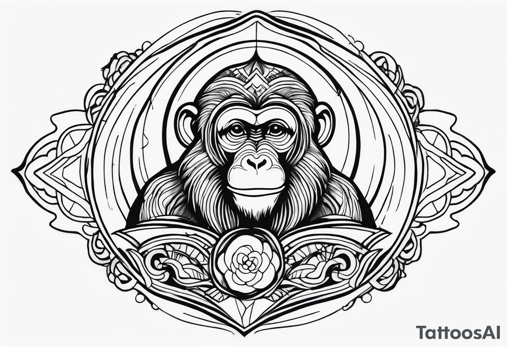 middle of the chest, minimalistic not detailed monkey and calming energies natural flow tattoo idea