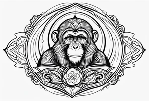 middle of the chest, minimalistic not detailed monkey and calming energies natural flow tattoo idea