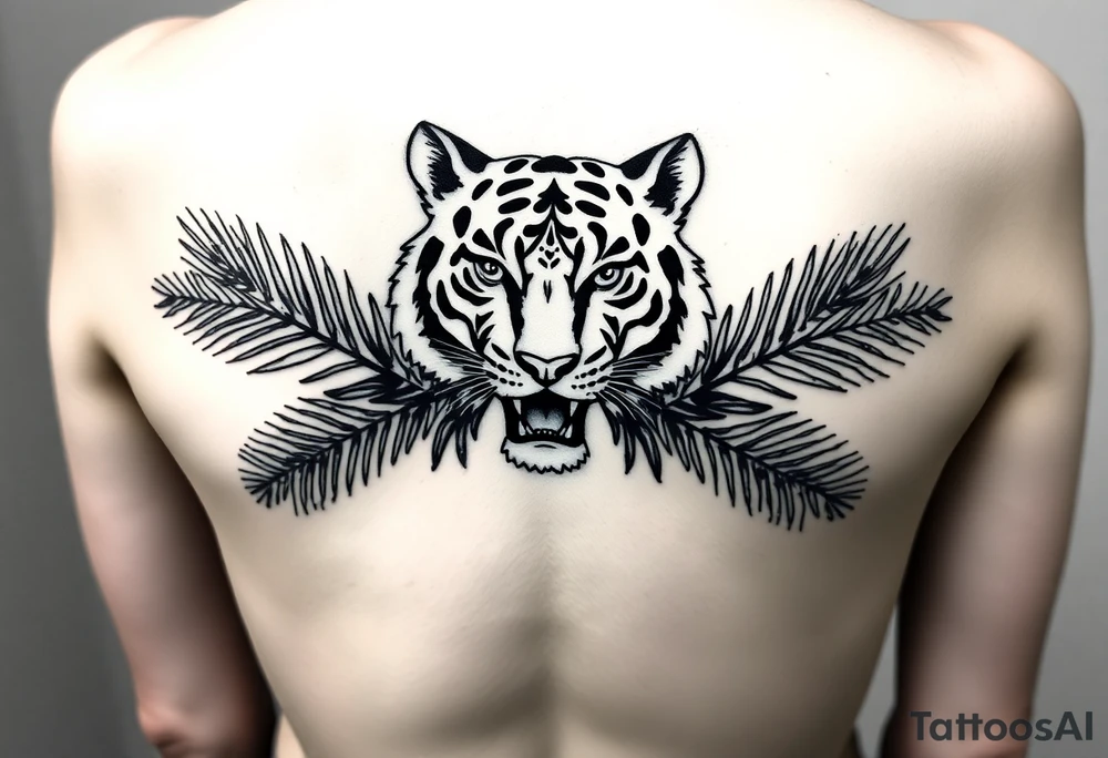 Tiger surrounded by palm leaves tattoo idea