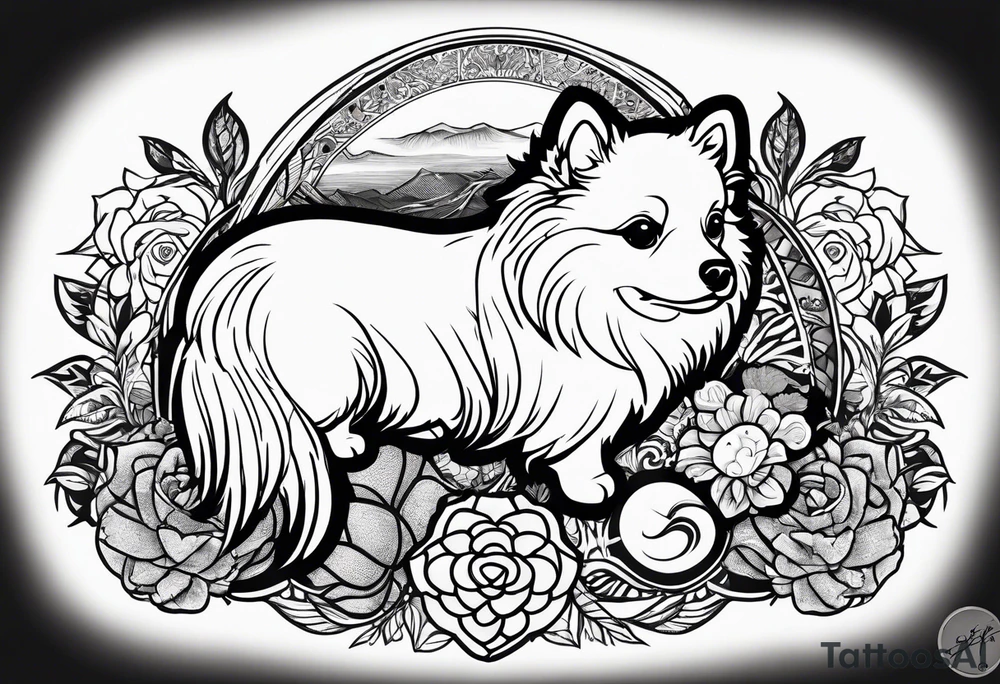 Silhouette of pomeranian dog, cat, turtle and guinea pig all arount heart tattoo idea