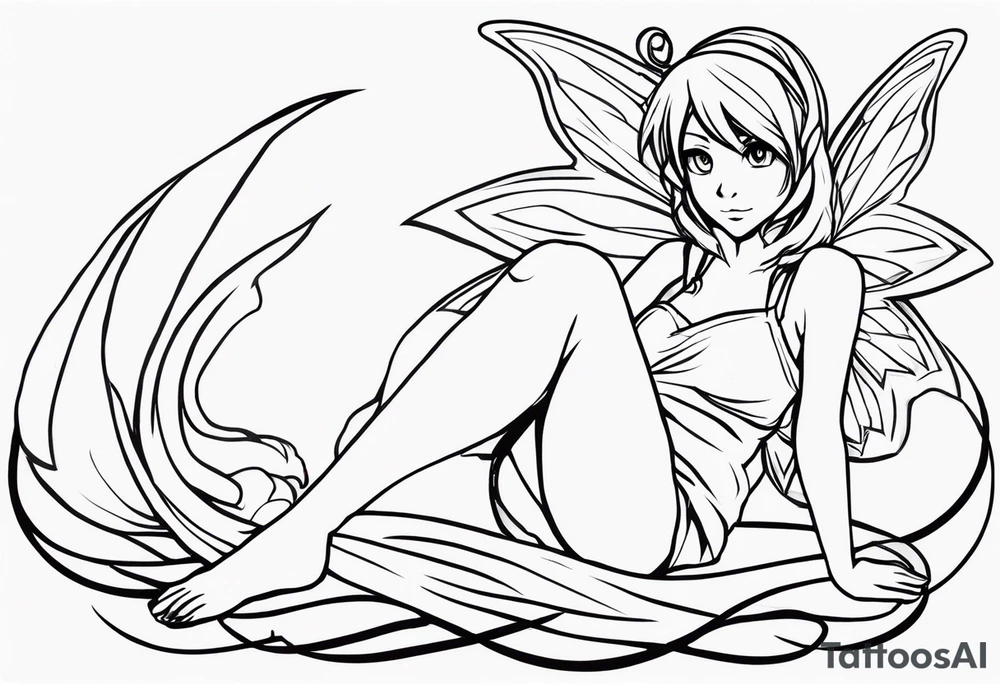 No color sideways sketch of a fairy with a tail inspired by the guild symbol in the anime show called Fairy Tail in a fetal position leaning forward while crawled in and her body is an angle while floating in the air with big wings tattoo idea
