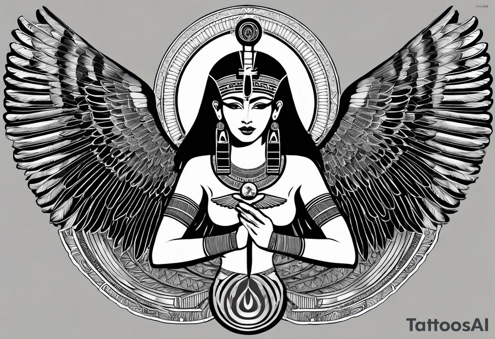 blank and white Egyptian goddess Isis, who is often depicted as a woman with outstretched wings, holding an ankh (a symbol of life) in one hand and a lotus flower in the other. Her headdress often includes a throne or a solar disk. The tattoo design can vary in style and size, but it typically aims to capture the essence of this revered Egyptian deity, emphasizing her beauty, power, and maternal qualities. The choice of colors and additional elements can also be customized to create a unique and visually striking representation of the goddess Isis tattoo idea
