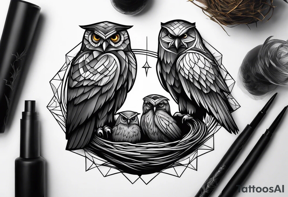 Owl, raven, eagle cuddled in a nest, looking down into the nest tattoo idea