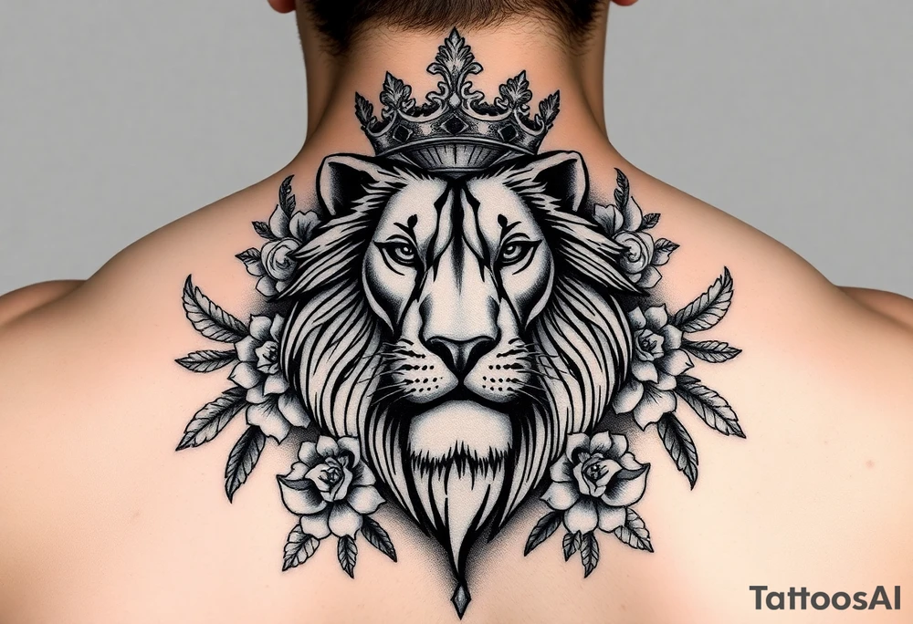 powerful majestic lion with a crown, surrounded by floral ornaments and birds tattoo idea