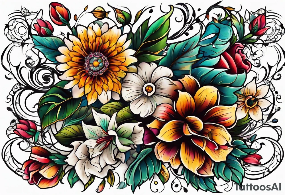 vintage colorful floral print tattoo idea