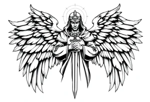 Holy Archangel, Biblical, Christianity, Guards of Christianity, Holding a sword, has six wings, wearing helmet, halo, seraphim tattoo idea