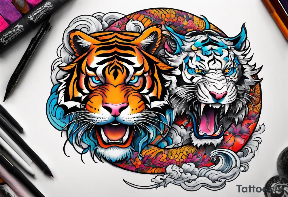 tiger on shoulder and dragon on bicep ying yang contrast tattoo idea