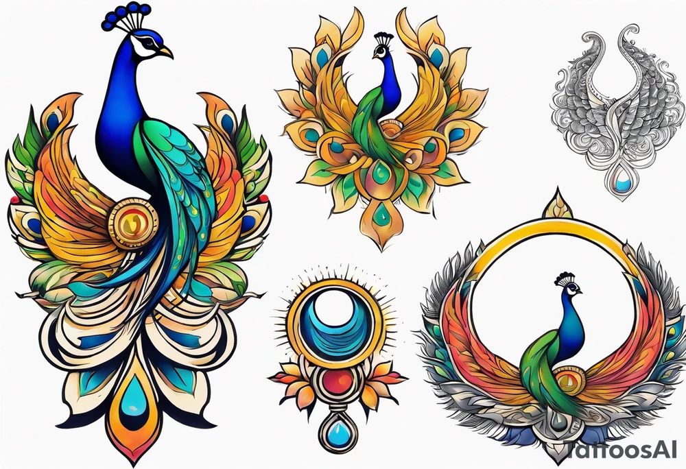 Colorful peacock over a sublime style sun standing in a stick with a horseshoe over the top of the peacock to each side of the stick tattoo idea