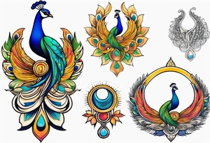 Colorful peacock over a sublime style sun standing in a stick with a horseshoe over the top of the peacock to each side of the stick tattoo idea