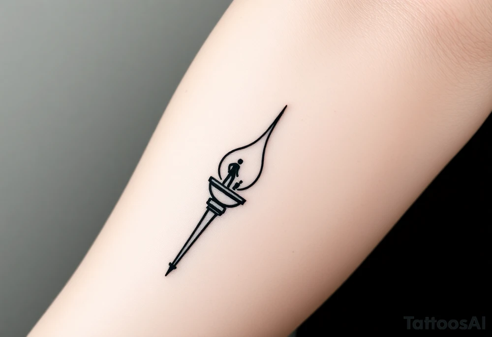 Black-ink forearm tattoo of an abstract torch representing a father’s legacy passed to his son. Torch flame is minimalistic lines and particle flow, fragmented at the base (father’s unfinished work) and bright/solid at the top (son continuing the legacy). Subtle abstract figure of father integrated at the top as if guiding or cheering. Include date VI·IV·MMXXIII hidden in linework and optional phrase “Building what he couldn’t”. Clean, vertical layout, minimalistic, fine-line, black ink only, emotionally resonant. tattoo idea