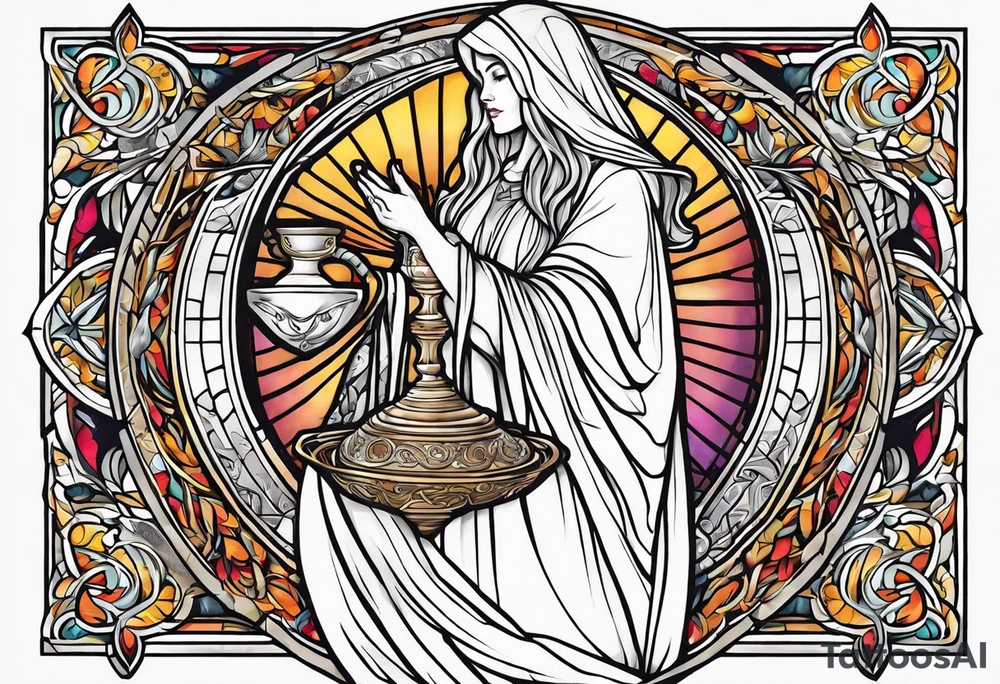 holy saint woman turned away
 holding a chalice tattoo idea