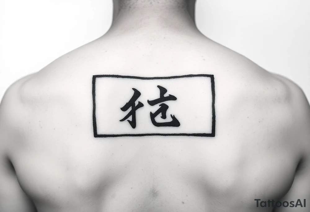 Black rectangle tattoo (like phone screen) with single Kanji '悟' (enlightenment) inside. Matte effect, no shine. 5x3cm, inner arm placement. tattoo idea