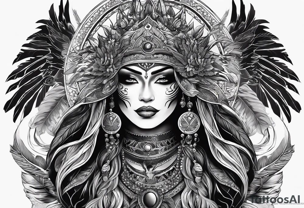 black kali, goddess pirate, alien, pachamama, valkrye, warrior, skull, lotus azul, wing, eagle, zenza resonance, stars, 5D tattoo idea