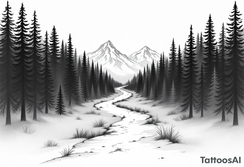 A minimalist design with a narrow path cutting through a dense forest, leading toward snow-capped mountains in the distance. The contrast between the dark woods (from Exile) and the snow-covered mountains (from Out of the Woods) shows the transition from hardship to hope. The path could be subtly winding, suggesting that the way forward is unclear, yet still leading to something more peaceful. tattoo idea