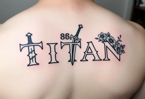 Name ‘Titan’ with birthday, Greek mythology inspired font with mini swords the T in Titan is a sword with cherry blossoms flowers in the background of the tattoo tattoo idea