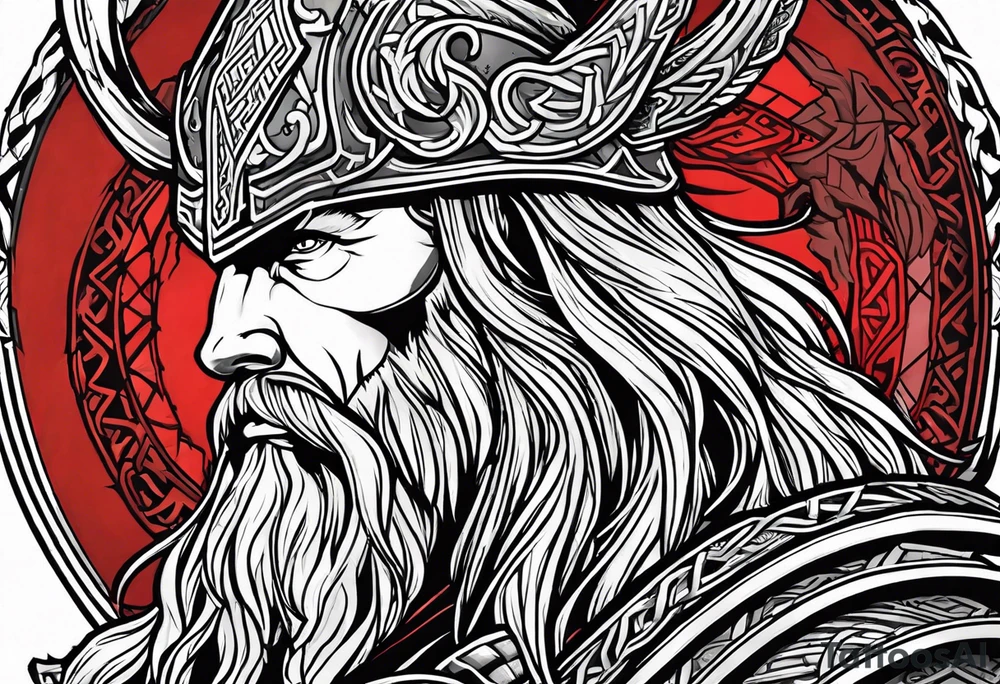 Thor in color with him holding mjolnir and a vignette of viking rune design tattoo idea
