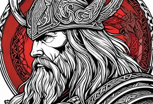 Thor in color with him holding mjolnir and a vignette of viking rune design tattoo idea