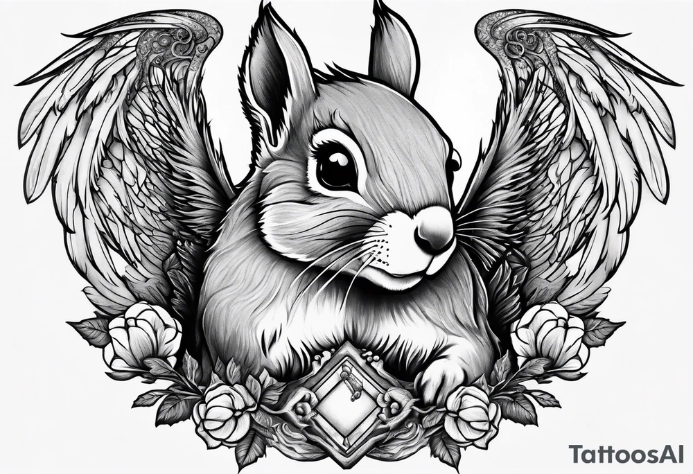 Squirrel with angel wings holding an acorn tattoo idea
