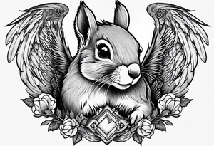 Squirrel with angel wings holding an acorn tattoo idea